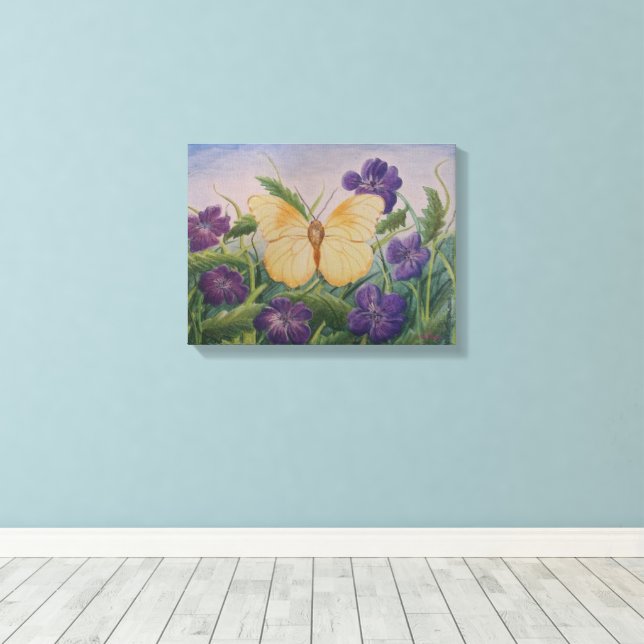 Toile Yellow Butterfly With Flowers (Insitu (Plancher de Bois))