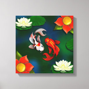 Toile Yin Yang Koi Fleur Rouge Blanc Lotus Lily Pad Pond