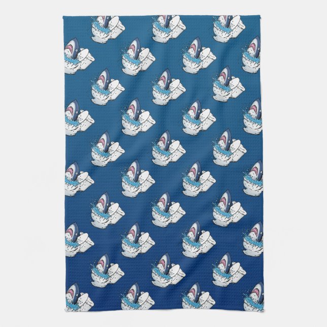 Toilet Shark Funny Blue Cartoon Kitchen Towel (Vertical)