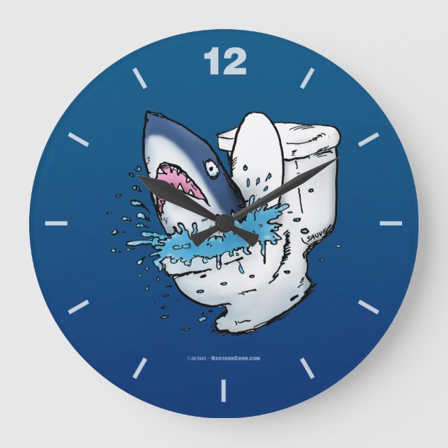Toilet Shark Funny Blue Cartoon Large Clock (Front)