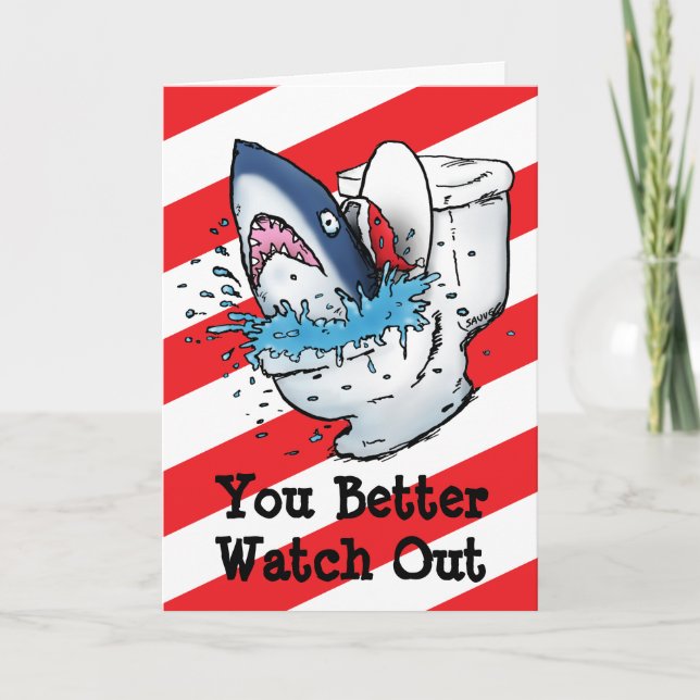 Toilet Shark Santa Funny Striped Holiday Card (Front)