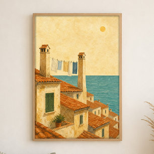 Toits de Terracotta jusqu'à la Mer Affiche Aquarel