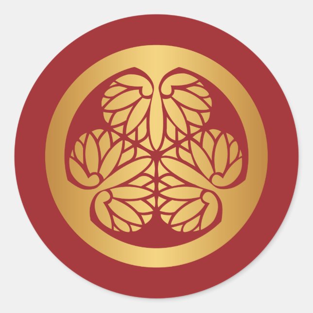 Tokugawa Aoi Mon Japanese Family Crest Gold on Red Classic Round Sticker (Front)