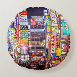 TOKYO, JAPAN - MARCH 14, 2014: Signs densely line Round Pillow