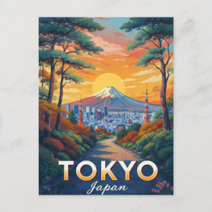 Tokyo Japan Mt Fuji Sunset Vintage Art Postcard