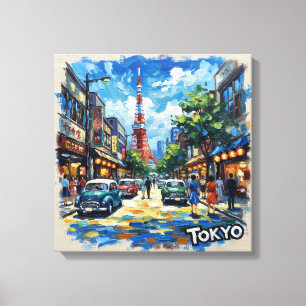 Tokyo Japan Tower Street Scene Stretched Canvas Print