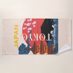 Tokyo Japan Travel Art, Retro Travel Art Beach Towel
