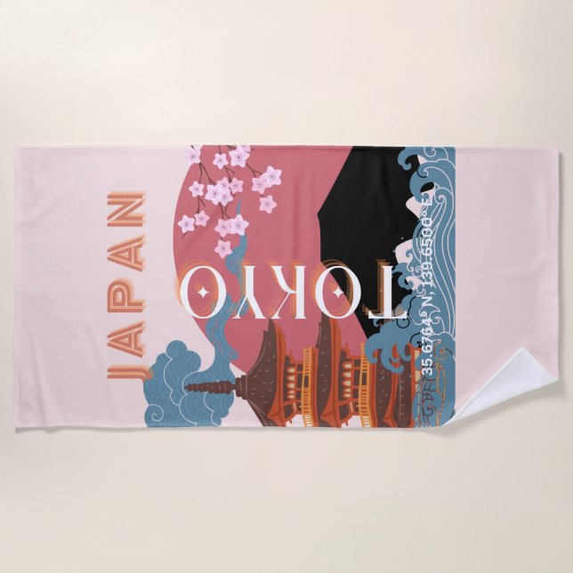 Tokyo Japan Travel Art, Retro Travel Art Beach Towel (Front)