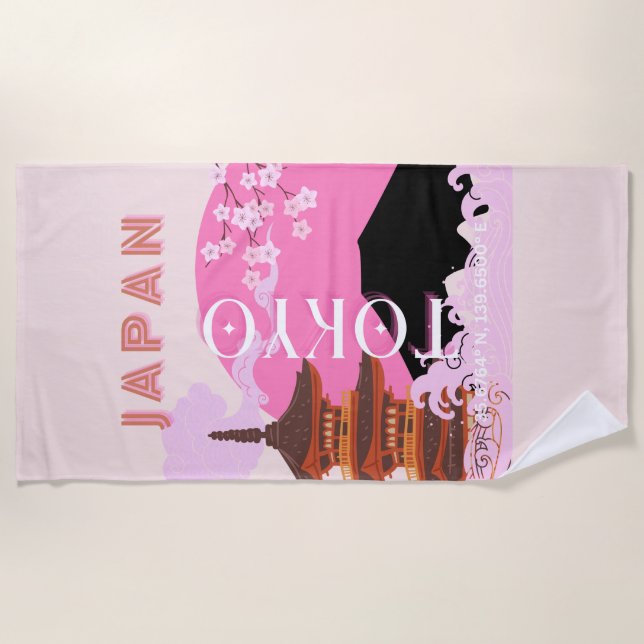 Tokyo Japan Travel Art, Retro Travel Art, Pink Beach Towel (Front)
