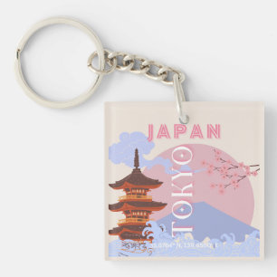 Tokyo Japan Travel Art, Retro Travel Art, Pink Keychain