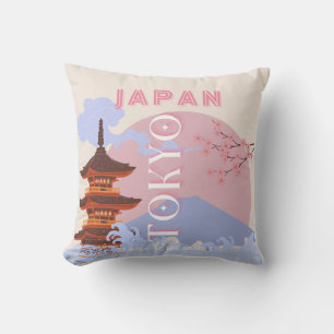Tokyo Japan Travel Art, Retro Travel Art, Pink Throw Pillow
