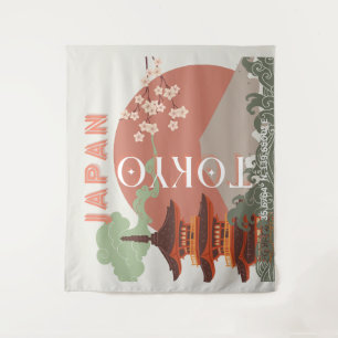 Tokyo Japan Travel Art, Retro Travel Art Tapestry