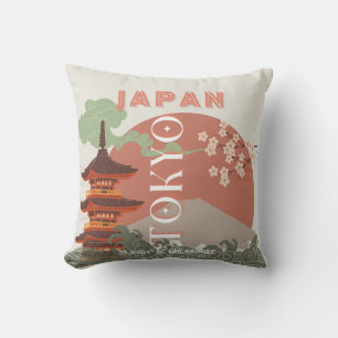 Tokyo Japan Travel Art, Retro Travel Art Throw Pillow