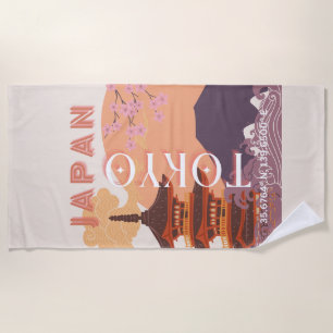 Tokyo Japan Travel Art, Vintage Travel Art Beach Towel