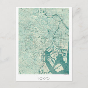 Tokyo Map Blue Vintage Watercolor Postcard