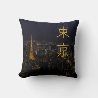 Tokyo Nighttime Cityscape Japanese Kanji Throw Pillow