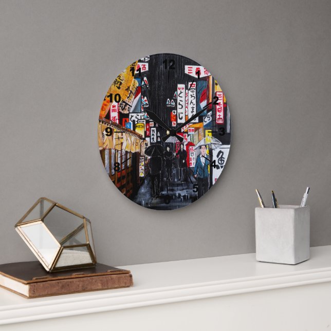 Tokyo Rain Painting by Alfred Fox Large Clock (Office)