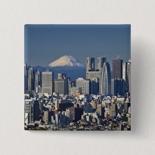 Tokyo, Shinjuku District Skyline, Mount Fuji, 2 Inch Square Button (Front)