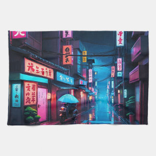 Tokyo Street At Night LoFi Art Kitchen Towel