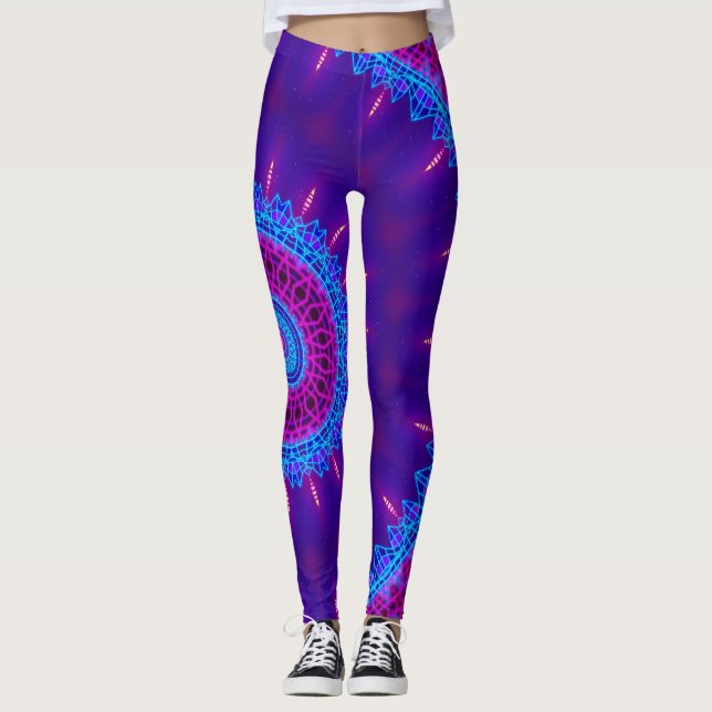 Tokyo Sunset Neon Blacklight Rave Mandala Leggings (Front)