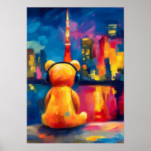 Tokyo Teddy Neon Skyline Night Reflection Poster