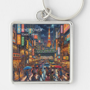 Tokyo Tower by Night Travel Art Keychain