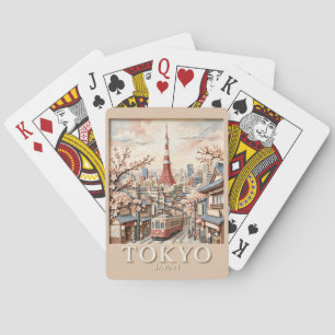 Tokyo Tower Japan Cityscape Sakura Vintage Travel Playing Cards
