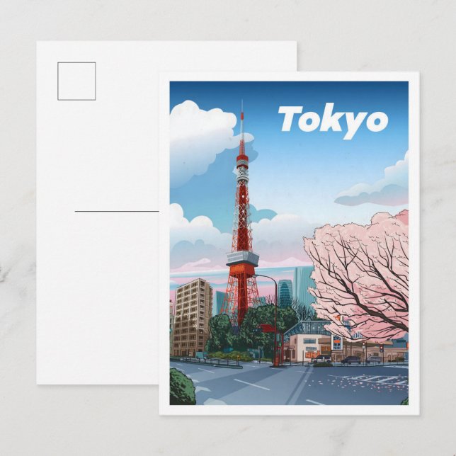 Tokyo Tower Japan Vintage Illustration Travel Postcard (Front/Back)