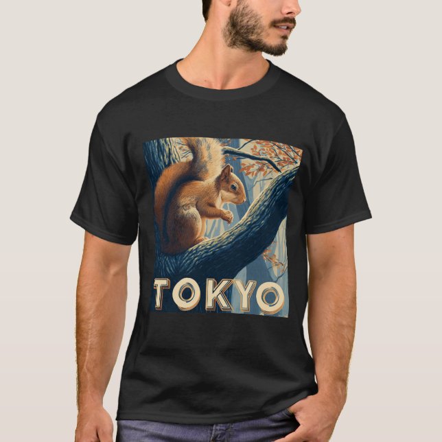 Tokyo Travel Poster — Art-Deco Squirrel in Forest  T-Shirt (Front)