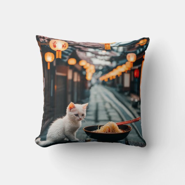 Tokyo's Noodle Delight: A Feline Feast at Dusk Throw Pillow (Front)