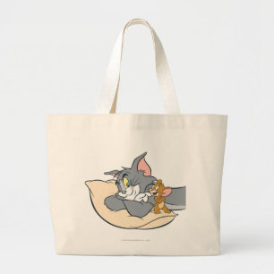 Tom and Jerry On Pillow Large Tote Bag