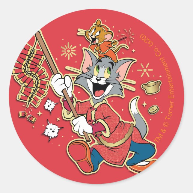 Tom & Jerry Lighting Firecrackers Classic Round Sticker (Front)