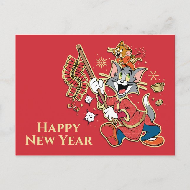 Tom & Jerry Lighting Firecrackers Holiday Postcard (Front)