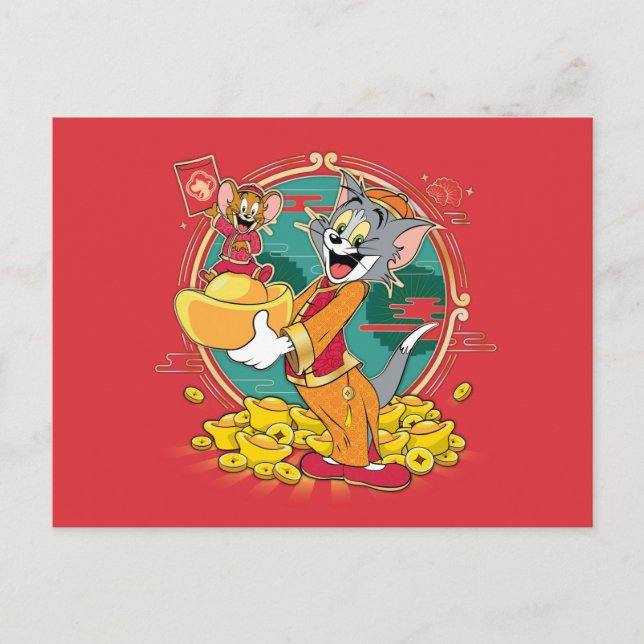 Tom & Jerry New Years Red Envelope Holiday Postcard (Front)