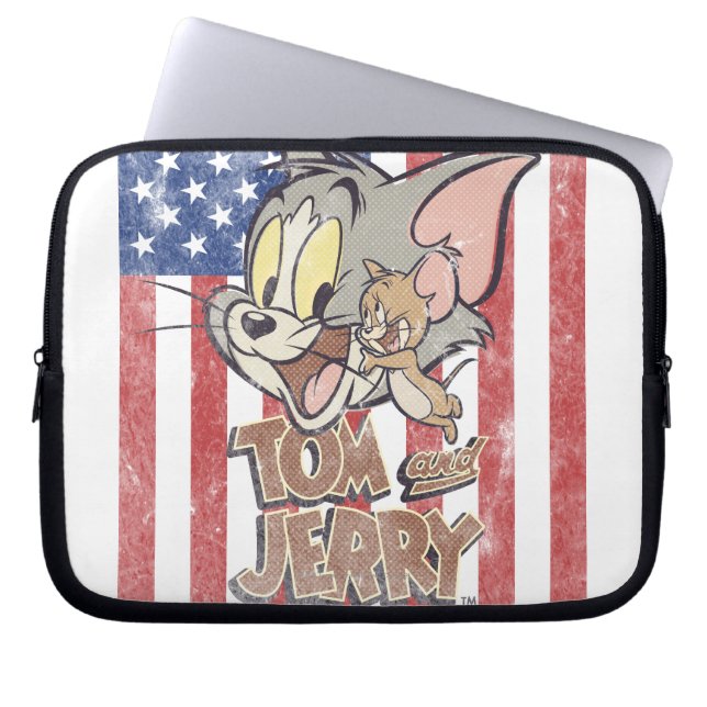 Tom & Jerry With US Flag Laptop Sleeve (Front)