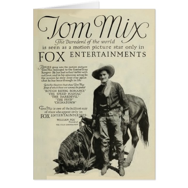 Tom Mix 1920 vintage magazine promo card (Front)