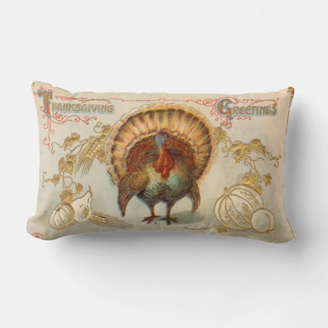 Tom Turkey Thanksgiving Greetings Vintage Pillow (Front)