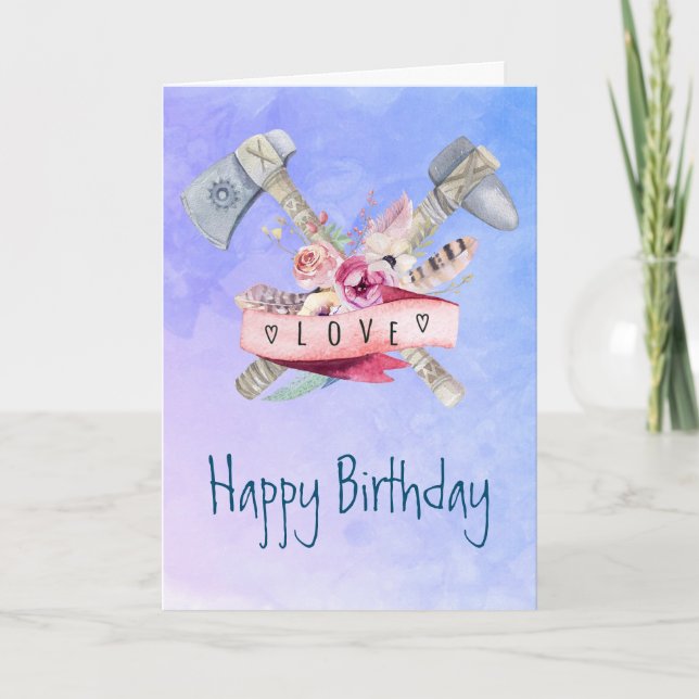 Tomahawk Feathers and Flowers Happy Birthday Card (Front)