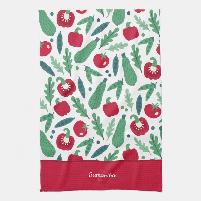 Tomato and Cucumber Vegetable Pattern w Name Red Kitchen Towel (Vertical)