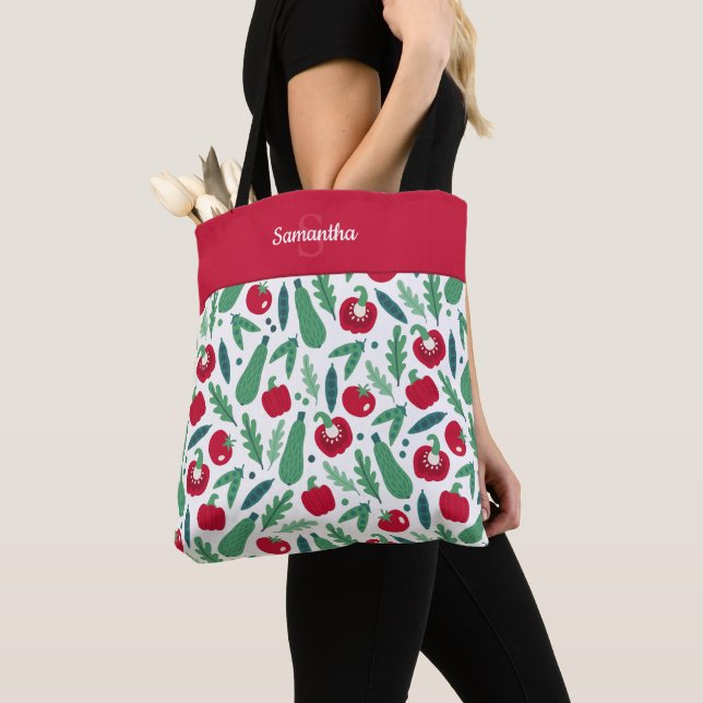 Tomato and Cucumber Vegetable Pattern w Name Red Tote Bag (Close Up)
