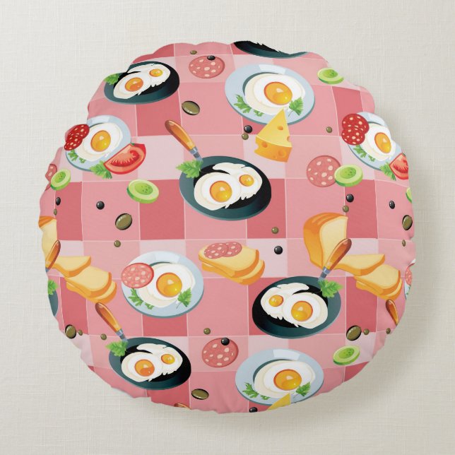 Tomato and Fried Eggs Pattern Round Pillow (Front)