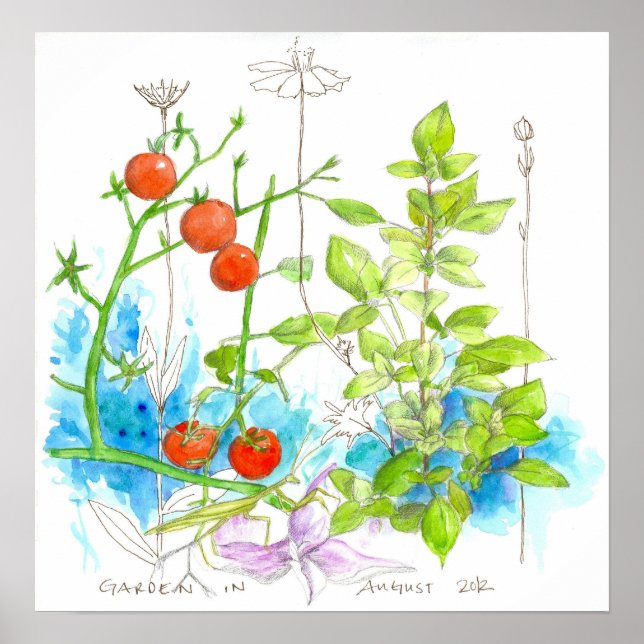 Tomato Basil Herbs Watercolor Garden Flowers Poster (Front)