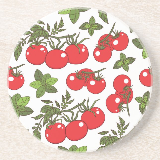Tomato Basil Seamless Kitchen Pattern Coaster (Front)