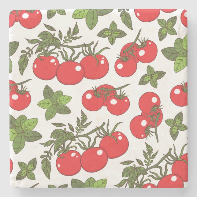 Tomato Basil Seamless Kitchen Pattern Stone Coaster (Front)