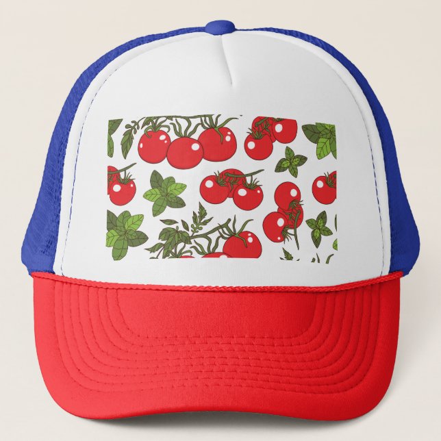 Tomato Basil Seamless Kitchen Pattern Trucker Hat (Front)
