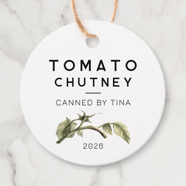 Tomato Chutney label with watercolour tomato leaf (Front)
