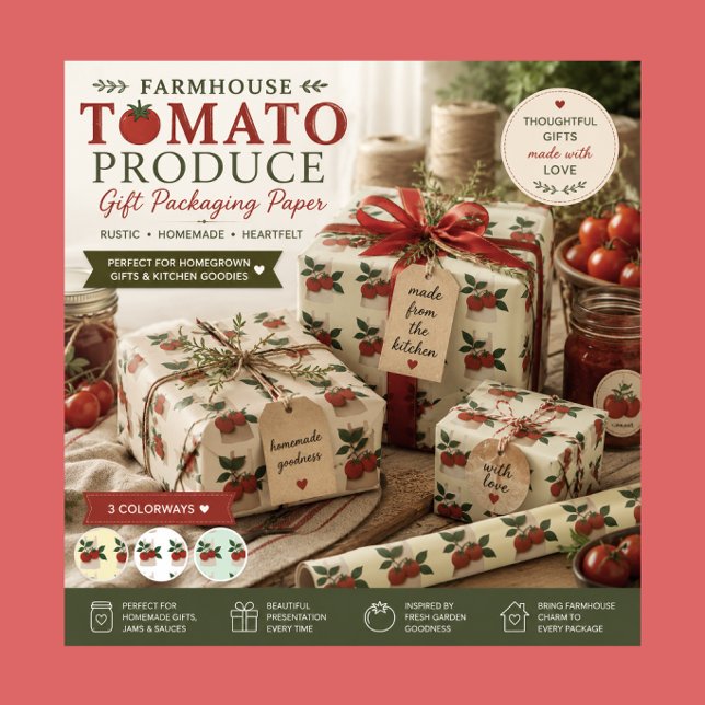 Tomato Farmhouse Gift Wrap Sheets Set (Rustic homemade produce gift wrap inspired by fresh kitchen goodness and farmhouse gift giving.)