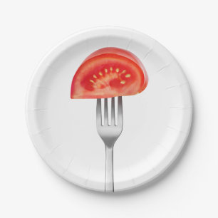 Tomato piece on a fork paper plate