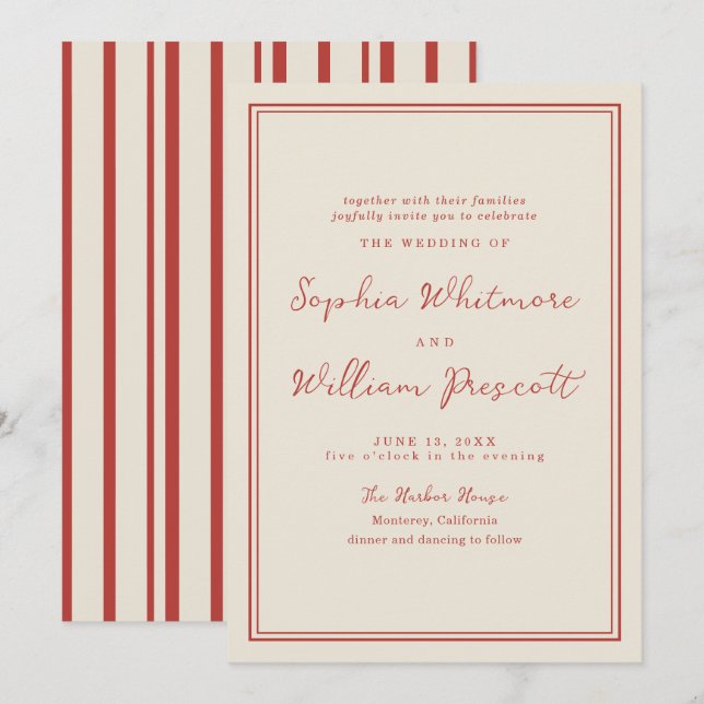 Tomato Red Striped Monogram Wedding Invitation (Front/Back)