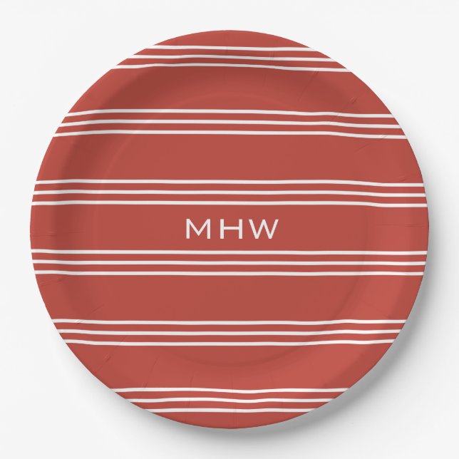 Tomato Red Stripes custom monogram paper plates (Front)
